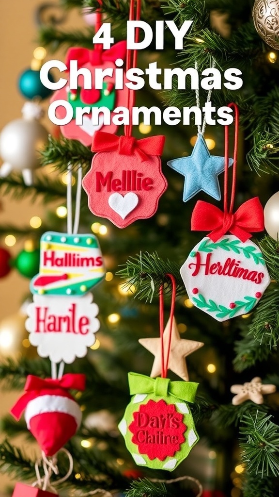 Colorful DIY Christmas ornaments with family names and designs hanging on a decorated tree.